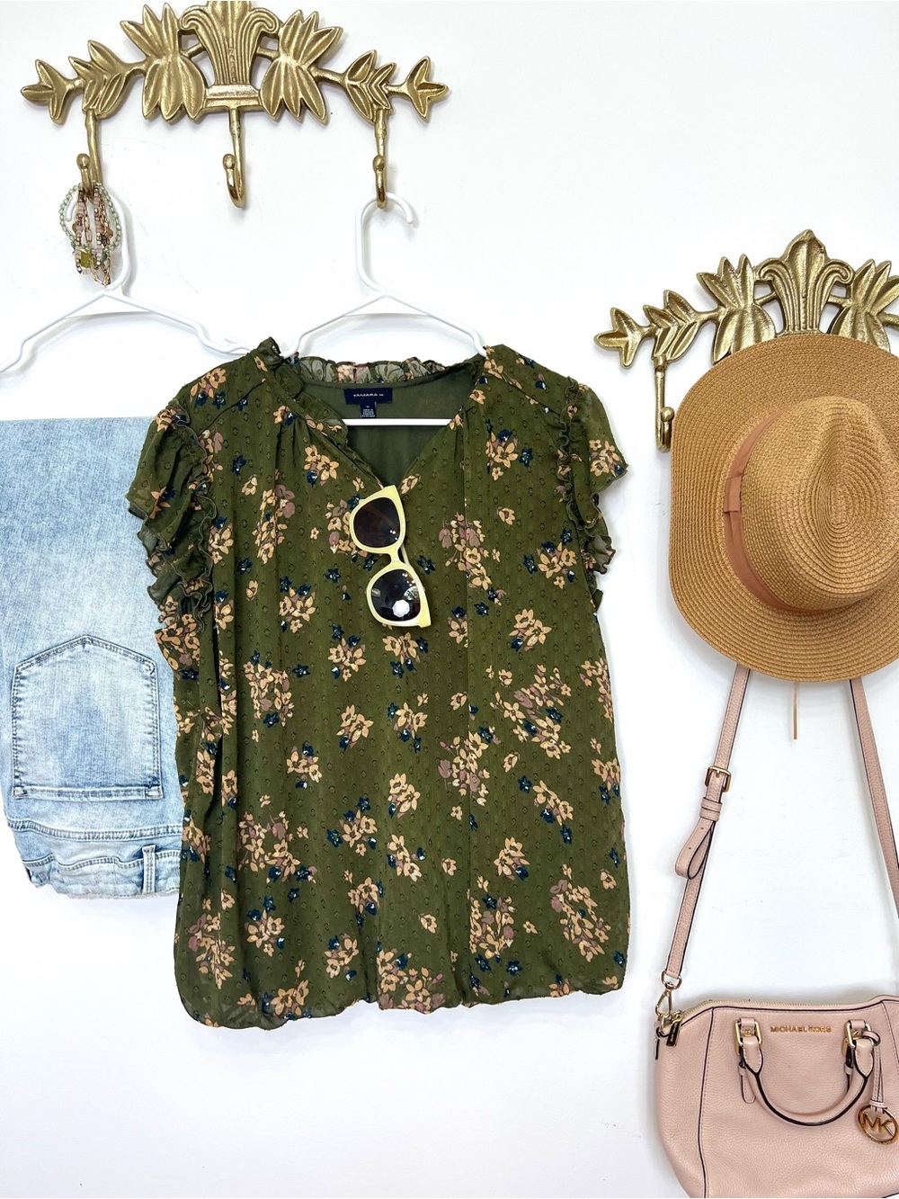 Tamara H Dark Olive Floral Short-Sleeve Blouse Ptp Xl /1X 25” L 29” - Picture 3 of 5